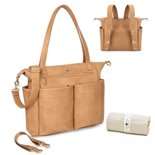 miss fong Diaper Bag Tote Baby Bag Leather Diaper Bag Backpack Large Diaper Tote Bag with 11 Pockets Pañaleras Para Bebe with Diaper Changing Pad, Stroller Straps,4 Insulated Pockets