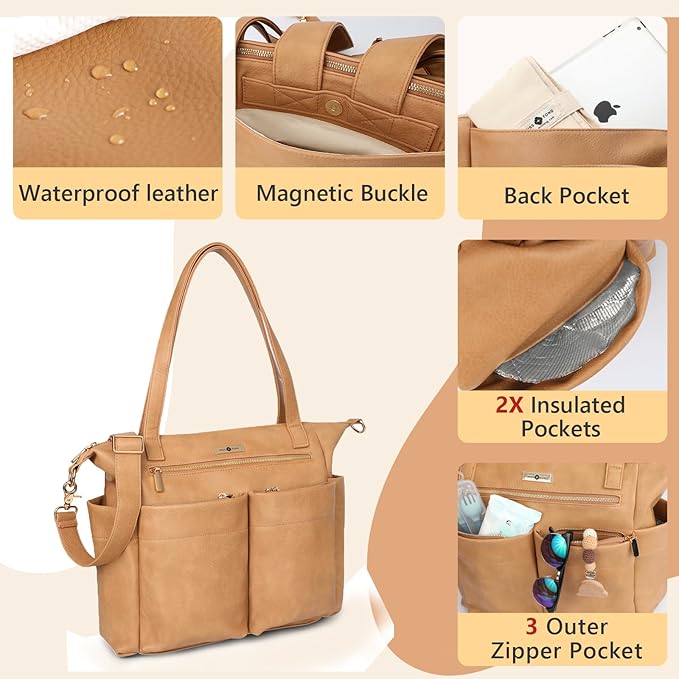 miss fong Diaper Bag Tote Baby Bag Leather Diaper Bag Backpack Large Diaper Tote Bag with 11 Pockets Pañaleras Para Bebe with Diaper Changing Pad, Stroller Straps,4 Insulated Pockets