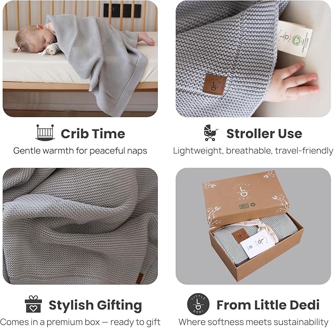 Little Dedi 100% Organic Cotton Baby Knitted Blanket with Gift Box - Soft Toddler, Crib, Stroller Blanket - Neutral Swaddle and Receiving Blanket for Newborns, 30"x40", Harbor Mist