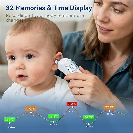 Berrcom Ear Thermometer with Heated Tip & Age Precision, Fever Alarm with Mute & Night Light, Includes 21 Probe Covers & Storage Box, Accurate Digital Ear Thermometer for Adults, Kids and Babies