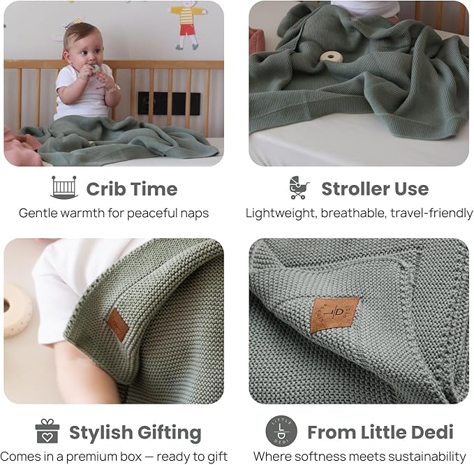 Little Dedi 100% Organic Cotton GOTS Certified Baby Knitted Blanket with Gift Box - Soft Toddler, Crib, Stroller Blanket - Neutral Swaddle and Receiving Blanket for Newborns, 30"x40", Green