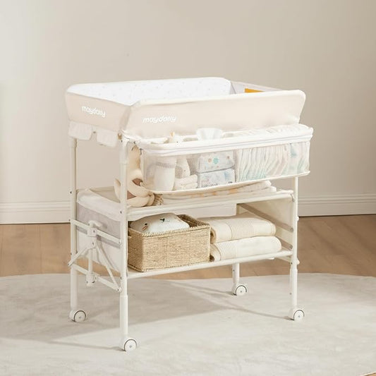Maydolly Baby Changing Table, Portable Foldable Changing Table, Waterproof Diaper Changing Station, Adjustable Height Changing Station, Mobile Nursery for Newborn and Infant (Beige Without Drawer)