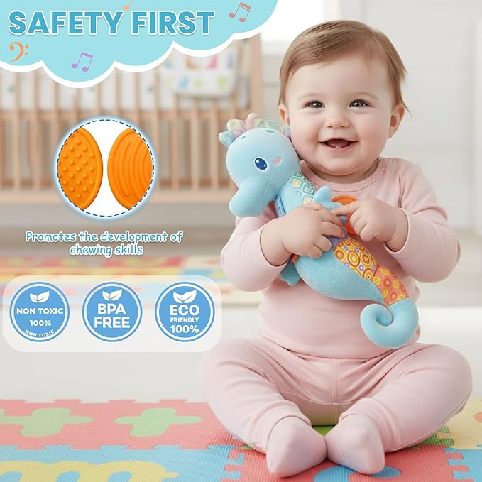 Baby Toys 0-6 Months,Infant Musical Seahorse Stuffed Animals Sensory Toys with Bright Colors,Multiple Textures,Rattles & Crinkle Sound Paper,Soft Tummy Time Toy for Newborn Boys Girls 0-12 Months-Blue