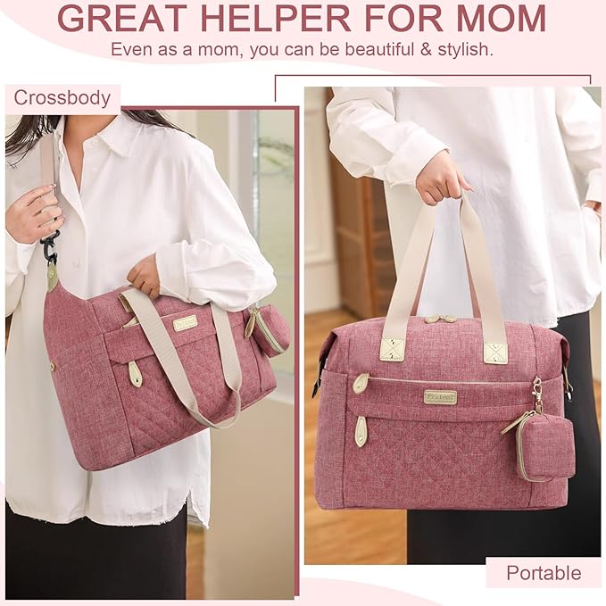 Diaper Bag Tote - Diaper Baby Bags with Pacifier Case, Shoulder Straps, Stroller Clips, Waterproof Large Mommy Bag Maternity Bag Travel Baby Bag for Mom and Dad, Pink