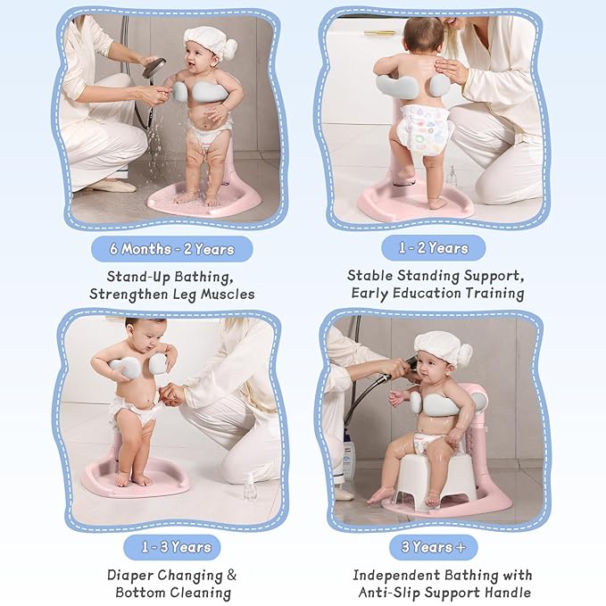 Baby Shower Stand, Toddler Bath Standing Support with Anti-Slip Base and Shower Holder, Adjustable Height, Soporte para Bañera de Bebé, Ideal Gift for Infants 6-36 Months-Pink