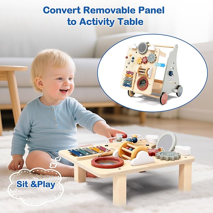 Detachable Baby Walker for Toddlers 1 Year Old Wooden Montessori Busy Board Adjustable Speed Push & Pull Walker Activity Learning to Walk Center Toy for Boys Girls 6-12 Months Baby Toys Birthday Gifts