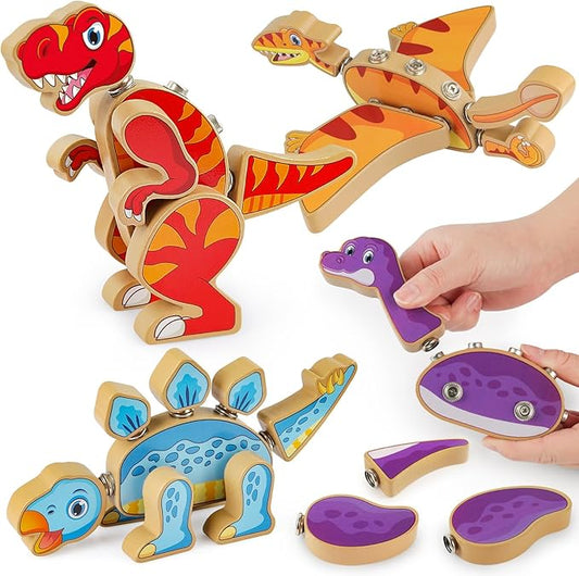 Coogam Dinosaur Snap Together Building Toys, Wooden Take Apart Dinosaur Playset, STEM Montessori Educational Fine Motor Skill Toy Gift for 3 4 5 Years Old Kids