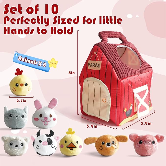 Baby Montessori Toys 6-12 Months, Busy Sensory Toys for Toddlers 1-3, Plush Big Red Barn with Stuffed Farm Animals, Rattle, Crinkle,Christmas Easter Birthday Gifts for Baby Boys Girls