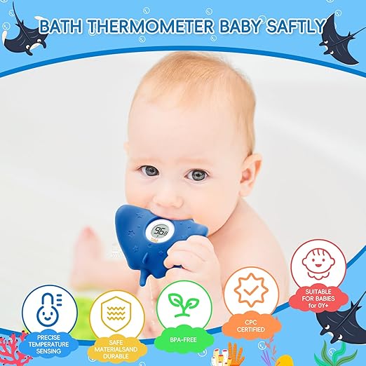 b&h Silicone Baby Bath Thermometer - Safety Digital Infant Bathtub Temperature Thermometer, Color-Coded Display, Quick-Read, Detachable Silicone Jacket, Dishwasher Safe, Temperature Toy (Manta Ray)
