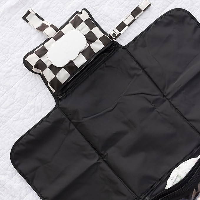 Tiny Twinkle Portable Diaper Changing Pad | Waterproof, Wipeable & Compact Baby Changing Pad for Travel | Smart Wipes Pocket & Organized Storage| Newborn Shower Gift (Black Checkers)