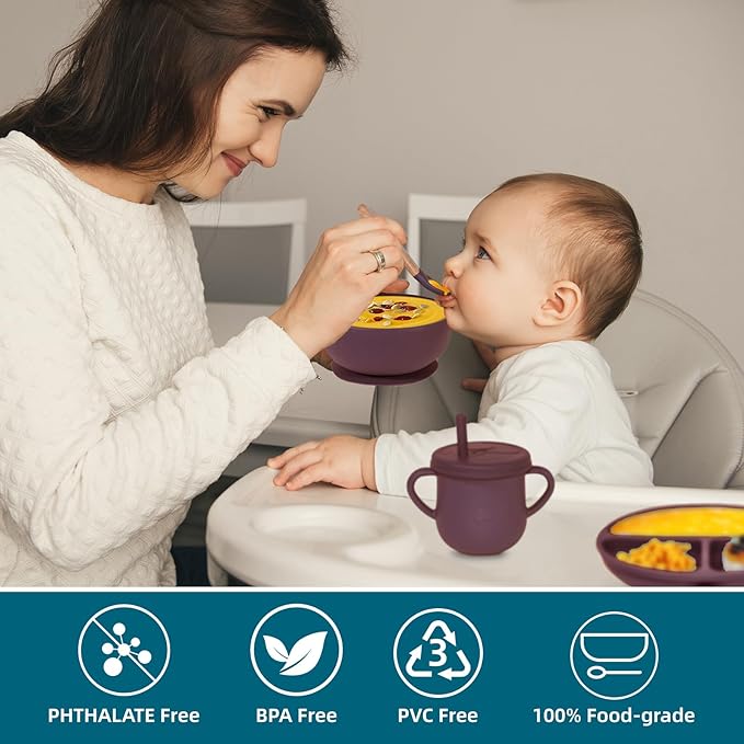 Dormlony 100% Silicone Baby Feeding Set, BPA Free Dishes With Suction Bowl, Divided Plate, Toddler Self Feeding Utensils, Spoons, Forks, Sippy Cup and Bib (Dark Red)