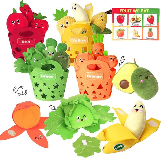 Baby Sensory Toys - Plush Color Sorting Fruit Veggie Baby Toys 6-12 Months, Pretend Play Food with Rattle Crinkle for Toddlers 1-3, Birthday Valentines Day Easter Gift for 1 Year Old Boys Girls