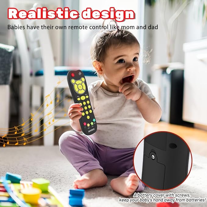 Baby Remote Control Toy, Realistic Toddler TV Remote Toy with Light Sound Kid Learning Education Musical Toys with English French Spanish Infant Gift for Boys Girls 6M+ (Black)