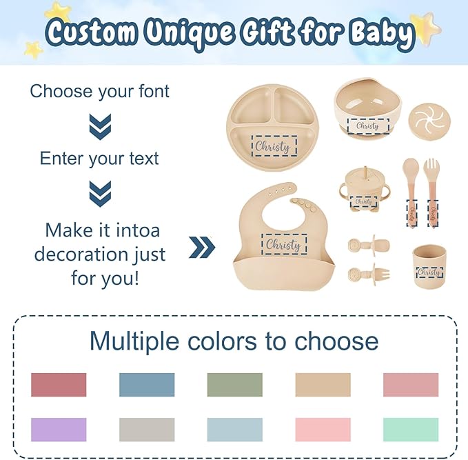 Personalized Silicone Baby Feeding Set with Name, Customized Baby Led Weaning Supplies Self Feeding Eating Utensils with Spoon, Fork, Silicone Suction Bowls, Cup, Plate Off-white