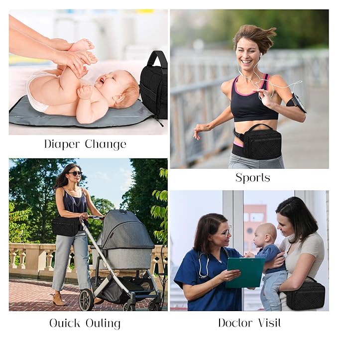 Small Diaper Bag with Portable Changing Pad, Mini Crossbody Diaper FannyPack with Wipes Pocket, Women Waist Bag for Travel (Quilted Black, Large)