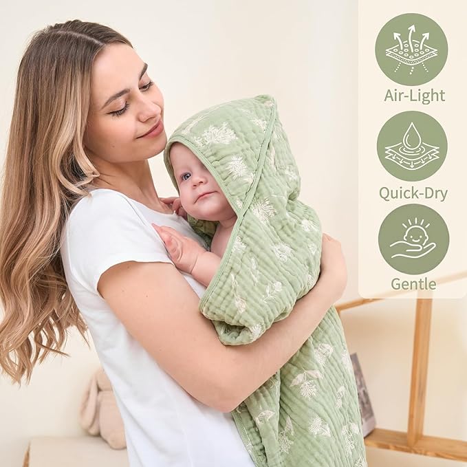 HardNok Muslin Baby Towel Set, 4-Piece Newborn Gift with 2 Bath & 2 Washcloths, Baby Shower Ready, Earthy Botanicals Theme 32" X 32"