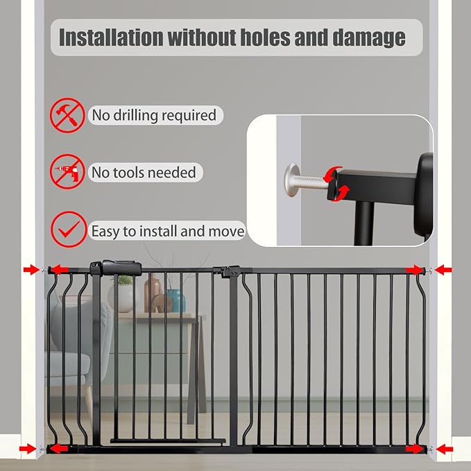 Heavy Duty Baby & Pet Safety Gate - Extra Wide 76.4-81.1 Inch, Black Metal, Pressure Mounted, Walk-Through
