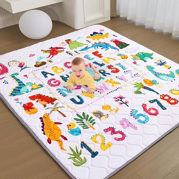 TreeBud Baby Play Mat - Thicken 71x59 Inch Soft Foam Crawling Mat for Playpen & Floor, Non-Slip Waterproof Playmats for Infants & Toddlers, Portable Foldable & Machine Washable, Dinosaur & Letters