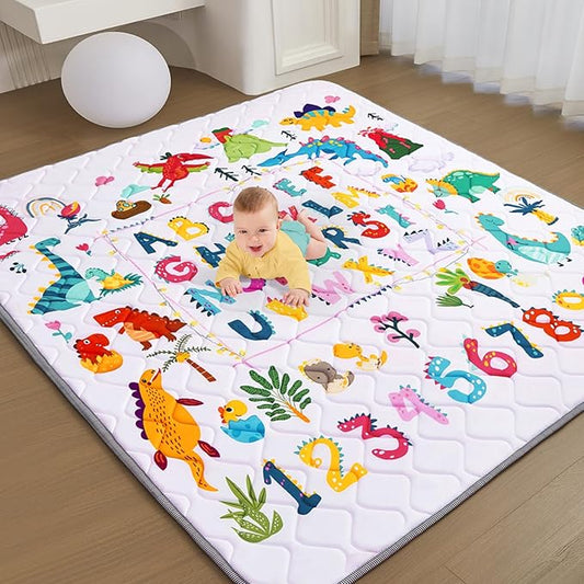 TreeBud Baby Play Mat - Thicken 71x59 Inch Soft Foam Crawling Mat for Playpen & Floor, Non-Slip Waterproof Playmats for Infants & Toddlers, Portable Foldable & Machine Washable, Dinosaur & Letters