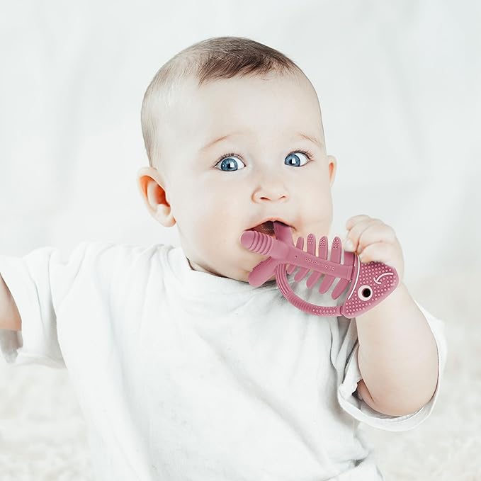 3 in 1 Infant Toys, Baby Teething Toys 3–6 6–12 Months, Teethers for Babies 0–3–6–12 Months for Teething Relief, Baby Gift, Baby Teether Toys, Silicone Sensory Toys, USA Patent Pending, Fish (Pink)