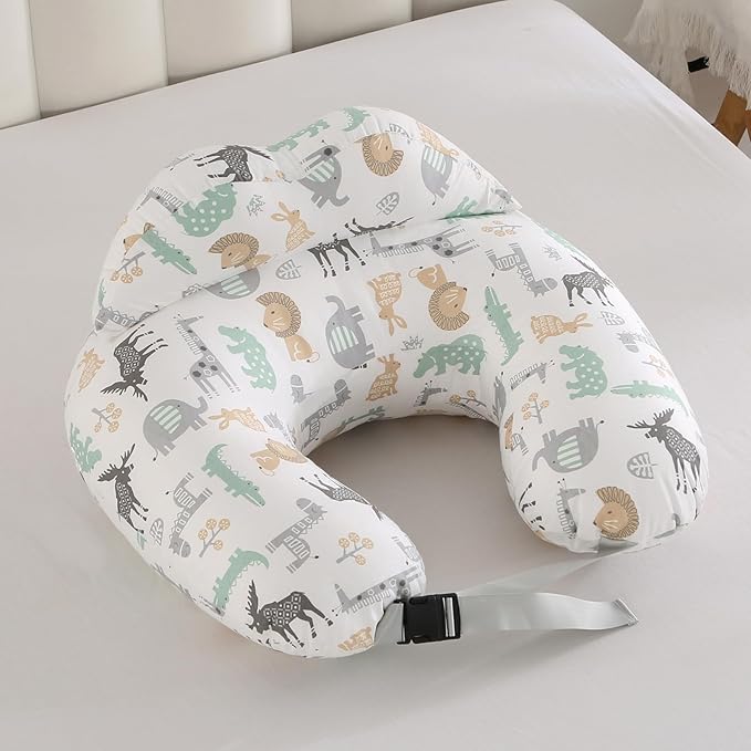 BABYLIAN Nursing Pillow for Breastfeeding,Ergonomic Baby Feeding Pillows with Removable Washable Cotton Slipcover, Adjustable Waist Strap,Plus Size,More Support for Mom and Baby(Nordic Animal World)