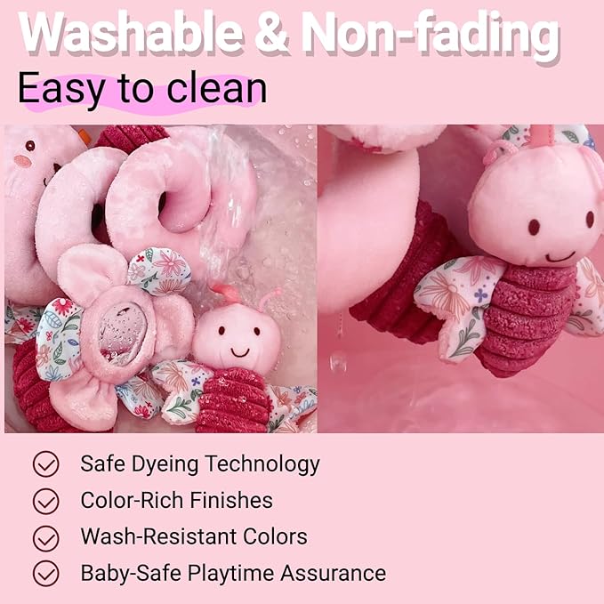 Spiral Car Seat Toy for Babies 0-6-12 Months Girl, Stroller Hanging Baby Toys 0-3-4-5-7 Month Old Newborn Infant Valentines Day Gift Travel Carseat Mirror Crinkle Bunny Easter Basket Stuffers