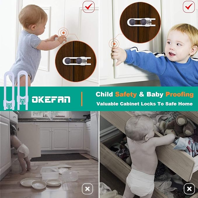 Sliding Cabinet Child Safety Locks - OKEFAN Baby Proofing Cabinet Lock Cupboard Latches for Kids on Closet Door Knobs Handles Pulls No Drill (8, White)