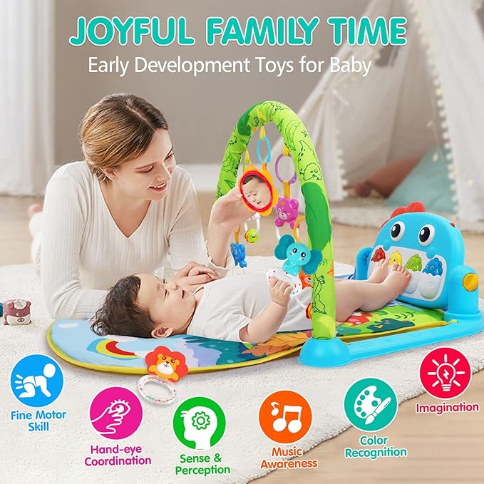 UMIKU Baby Gym Play Mats Baby Tummy Time Mat Musical Activity Center for Newborn Infant Piano Babies Play Mat Music & Light Newborn Infant Gifts for Babies 0-3 6 9 12 Months Dinosaur Style