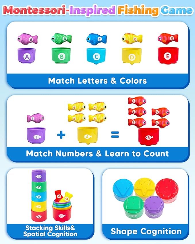 Montessori Toys for 1 Year Old, Toddler Fishing Game with Stacking Cups, Learning Educational Toys for 1 2 Year Old Boy Girl Birthday Gifts, Baby Toy 12-18 Months, Sensory Sorting Toy for Toddlers 1-3