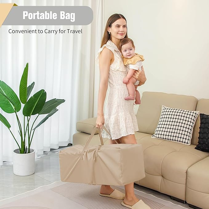 Baby Bassinet 5 in 1 Pack and Play,Baby Crib Adjustable Beside Sleeper One-Second &One-Hand Setup,Portable Playard Foldable Playpen for Newborn,Babies and Toddlers with Changing Table,Mattress (Beige)