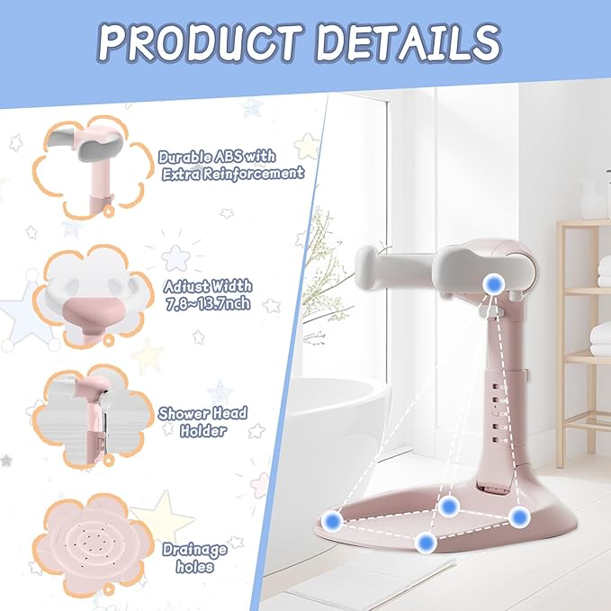 Foldable Baby Shower Stand, Toddler Bath Standing Support with Anti-Slip Base and Shower Holder, Adjustable 5 Levels Height, Ideal Gift for Infants 6-36 Months-Pink