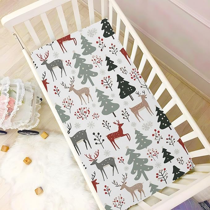 Pfrewn Christmas Crib Sheets for Boys Girls Trees Spruces Reindeer Fitted Crib Sheet for Mini Crib Mattress Stretch Soft Winter Pattern Toddler Baby Playard Sheet,39x27IN