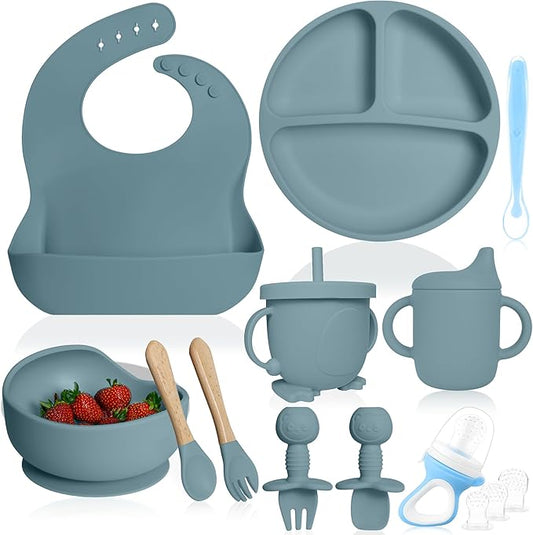 Bluet B- Silicone Baby Feeding Set with Pacifier - Baby Led Weaning Supplies - Baby Spoons, Suction Bowl - Plate - Baby Utensils Set - Silicone Feeding Set for Baby First Foods - 11pcs - Blue