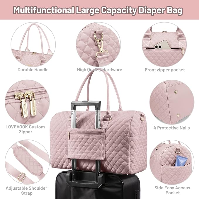 LOVEVOOK Diaper Bag Tote with Pacifier Case and Changing Pad, Large Capacity Mommy Bag for Hospital and Weekender Travel, Functional Baby Bag Newborn Baby Essential, Pink