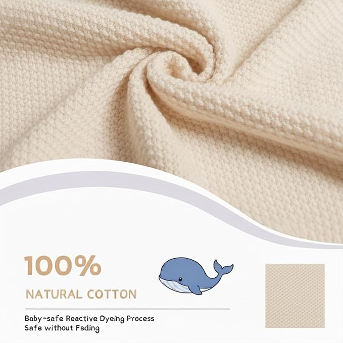 Grewear Baby Knit Blanket Soft Cotton Lightweight Newborn Blanket for Crib Stroller Toddler Nursery Shower Gift Cozy Breathable Travel Swaddle Wrap Cream 36 x 28 Inches