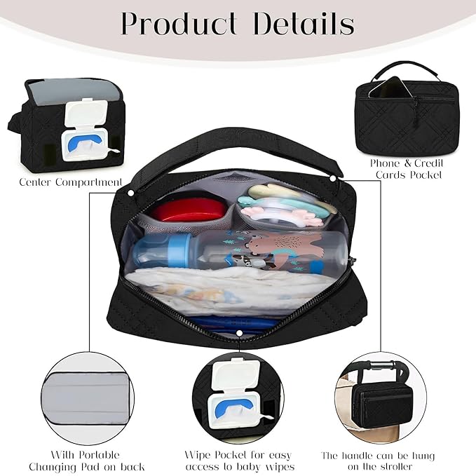 Small Diaper Bag with Portable Changing Pad, Mini Crossbody Diaper FannyPack with Wipes Pocket, Women Waist Bag for Travel (Quilted Black, Large)