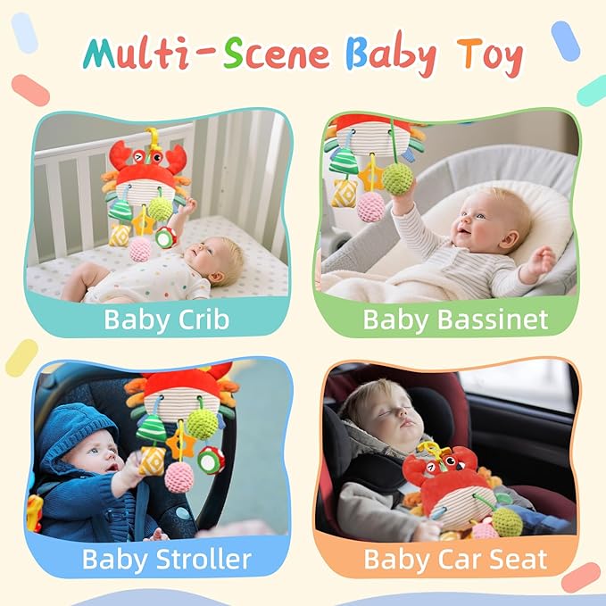 Car Seat Toys for Babies 0-6 Months, Stroller Hanging Toys for Babies 3-6 Months, Crinkle Rattle Mirror Crib Carseat Toy for Infants 6-12 Month, Gifts for Baby Boys Girls Newborns