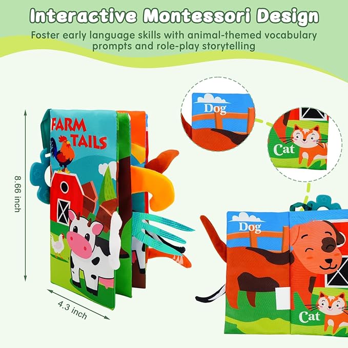 Baby Books Toys 0-12 Months with Teether,Tummy Time Crinkle Sensory Toys,High Contrast Touch & Feel Soft Book, Early Learning Infant Toys,Shower Gift for Boys Girls (Farm Animals)