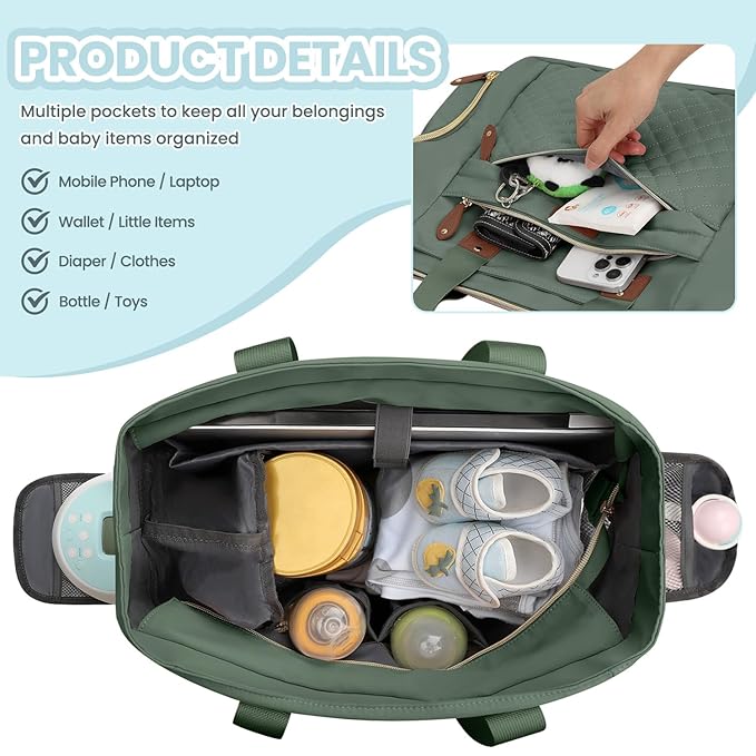 Diaper Bag Tote for Working Mom, Large Travel Diaper Tote for Mom and Dad with 14 Inch Laptop Sleeve, Mommy Maternity Travel Baby Bag for Boys and Girls, Green