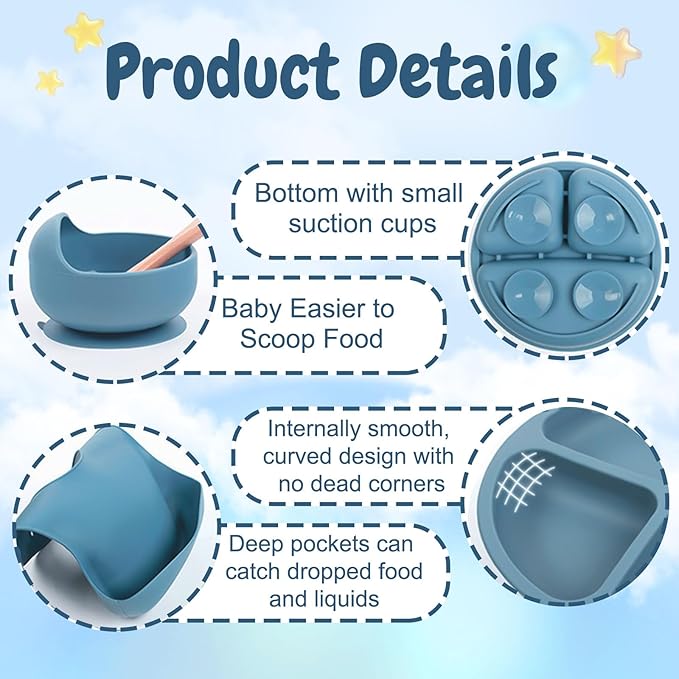 Personalized Silicone Baby Feeding Set with Name, Customized Baby Led Weaning Supplies Self Feeding Eating Utensils with Spoon, Fork, Silicone Suction Bowls, Cup, Plate Off-white