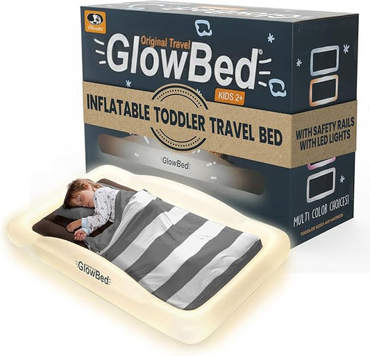 GLOWBED Inflatable Travel Bed with LED Lights & Remote – Portable Kids Air Mattress for Travel, Camping & Sleepovers – Blow Up Bed with Glowing Halo Night Light Designed for Balance – Toddler Size