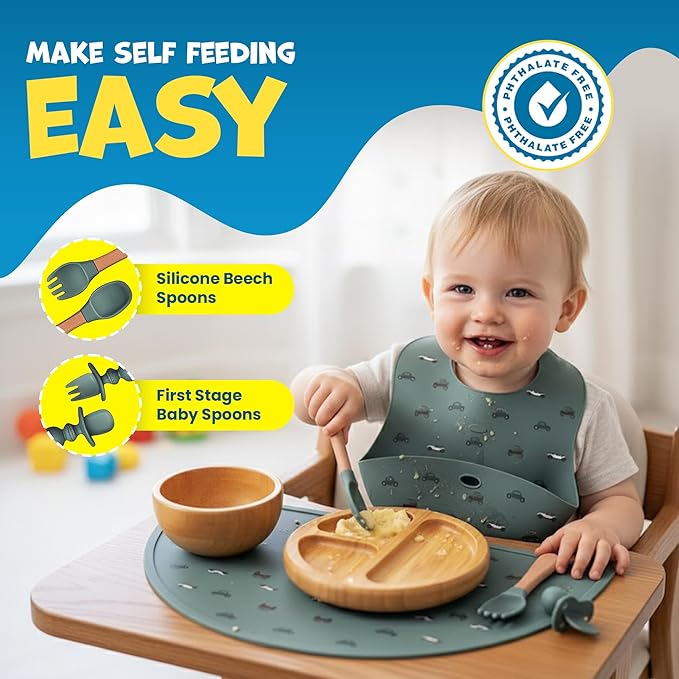 Bamboo & Silicone Baby Feeding Set 8 PCS | Baby Led Weaning Supplies Self Feeding | Divided Suction Plate Bowl Bib Sippy Cup with Straw Utensils Baby Bowls and Spoons Toddler Feeding Set (Pine Gray)