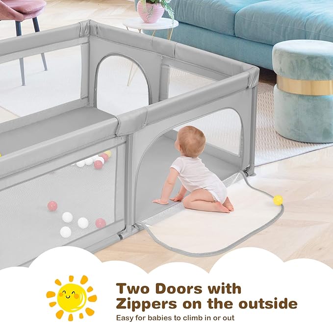 Costzon Playpen for Toddlers, Extra Large Playard Playpen for Toddlers Indoor & Outdoor with Ocean Balls, Non-Slip Suction Cups, Handlebars, Breathable Mesh, Play Pen for Babies 6-12 Months