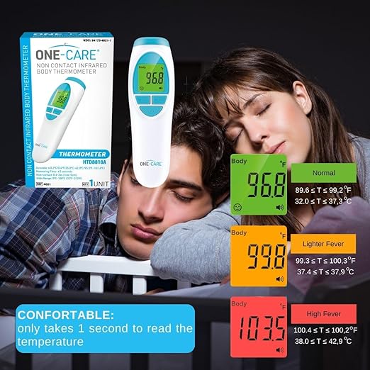 ONE-CARE Infrared Thermometer HTD8818A - Non-Contact, Homedics Thermometer, High Accuracy, Fast Reading, Body & Room Temp, Newborn Baby to Adult, Fever Alarm, Large Display