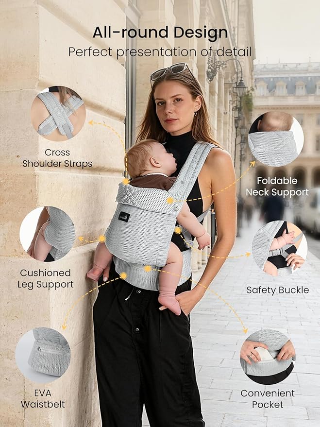 GROWNSY Baby Carrier Newborn to Toddler, Lightweight Ergonomic 7-44 lbs Newborn Carrier with Head Support, Easy to Wear Hands Free Infant Carrier for 0-36 Months, Gray Air Mesh