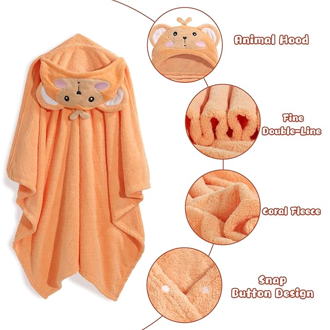 WODHOY Toddler Towels for Boy, 2 PCS 50"x32" Hooded Baby Towels Boy,Thick Absorbent Bath Towels for Kids, Coral Fleece Animal Kids Towel with Hood, Gray Mouse & Orange Monkey Set