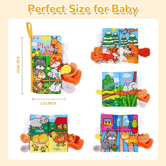 HECCEI Baby Cloth Books Soft Baby Book 0-6 Months Crinkle Books with Plush Tails Touch and Feel Sensory Toys for Infant Tummy Time for 3 Months+ Easter Basket Stuffers