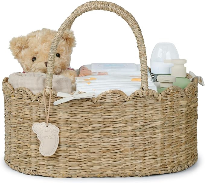 YANGQIHOME Diaper Caddy Organizer, Seagrass Nursery Baby Basket for Baby Essentials, Scalloped Wicker Diaper Caddy, Baby Shower Gifts (MeadowNest)