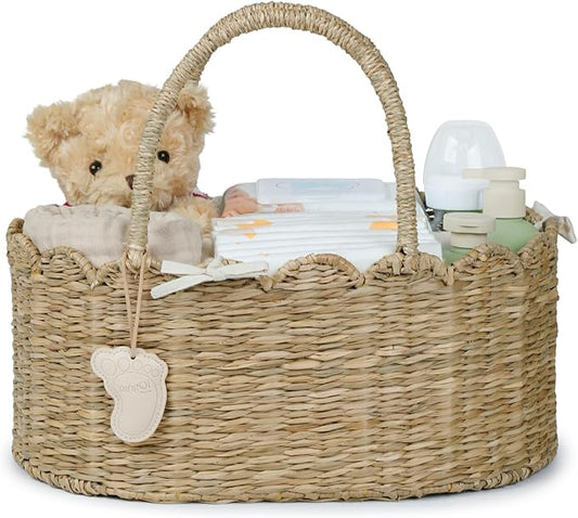 YANGQIHOME Diaper Caddy Organizer, Seagrass Nursery Baby Basket for Baby Essentials, Scalloped Wicker Diaper Caddy, Baby Shower Gifts (MeadowNest)