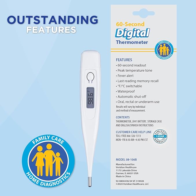 Veridian Digital Thermometer | 60-Second Readout | Fever Alert + Memory Recall| Clinical Rigid Tip | Hygienic Water-Resistant Easy Cleaning | Storage Case + Probe Covers Included